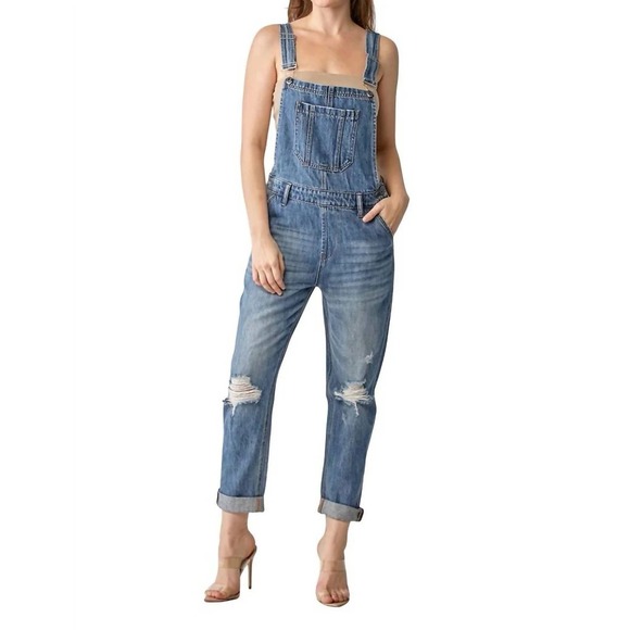Risen Jeans Pants - Denim Distressed Crop Overalls Jumpsuit - Blue